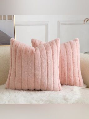 Plush Ribbed Faux Fur Throw Pillow - Blush Pink set of 2 20x20